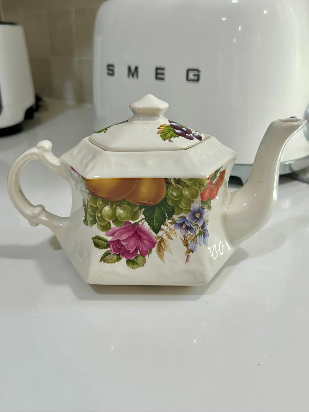 Vintage Cream Ceramic Teapot with Multicolor Fruit & Floral Motif